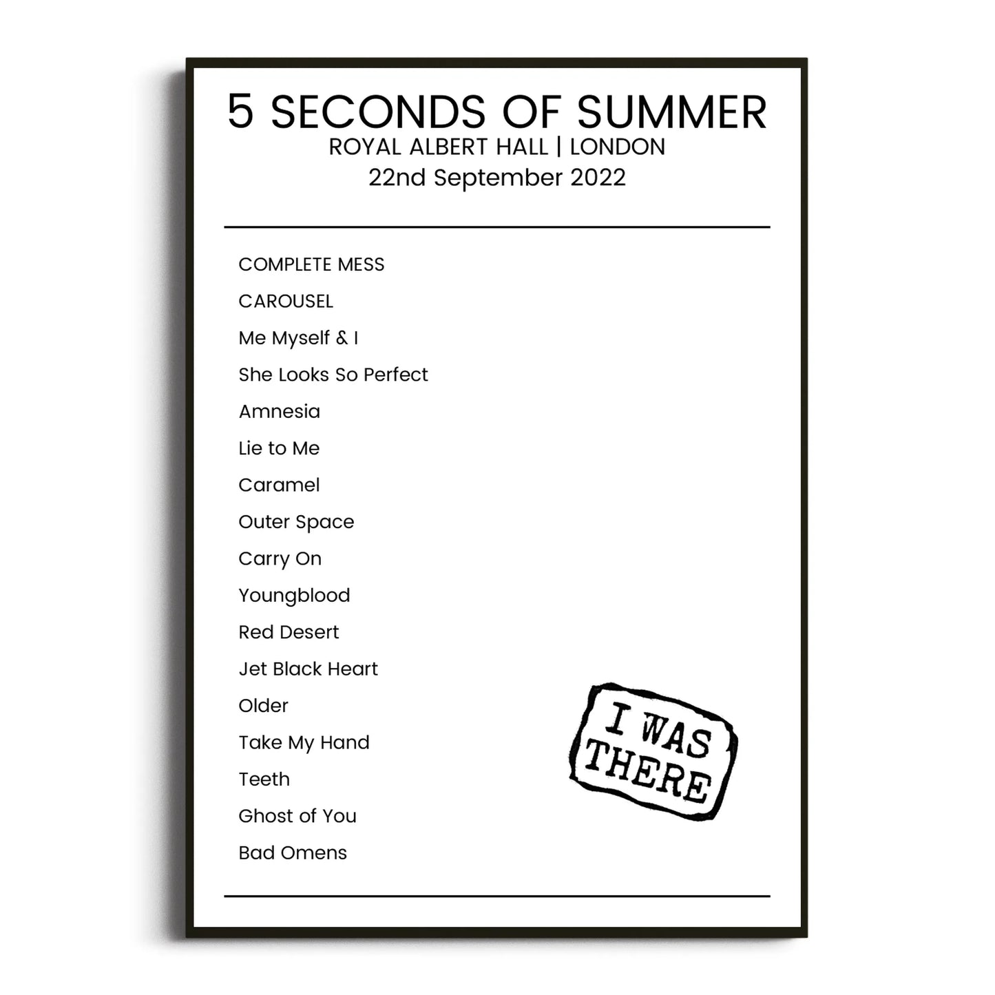 5 Seconds of Summer London 22 September 2022 Setlist Poster