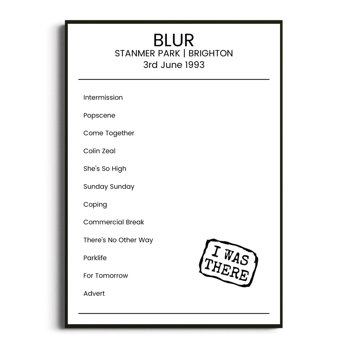 Blur Brighton 03 June 1993 Setlist Poster