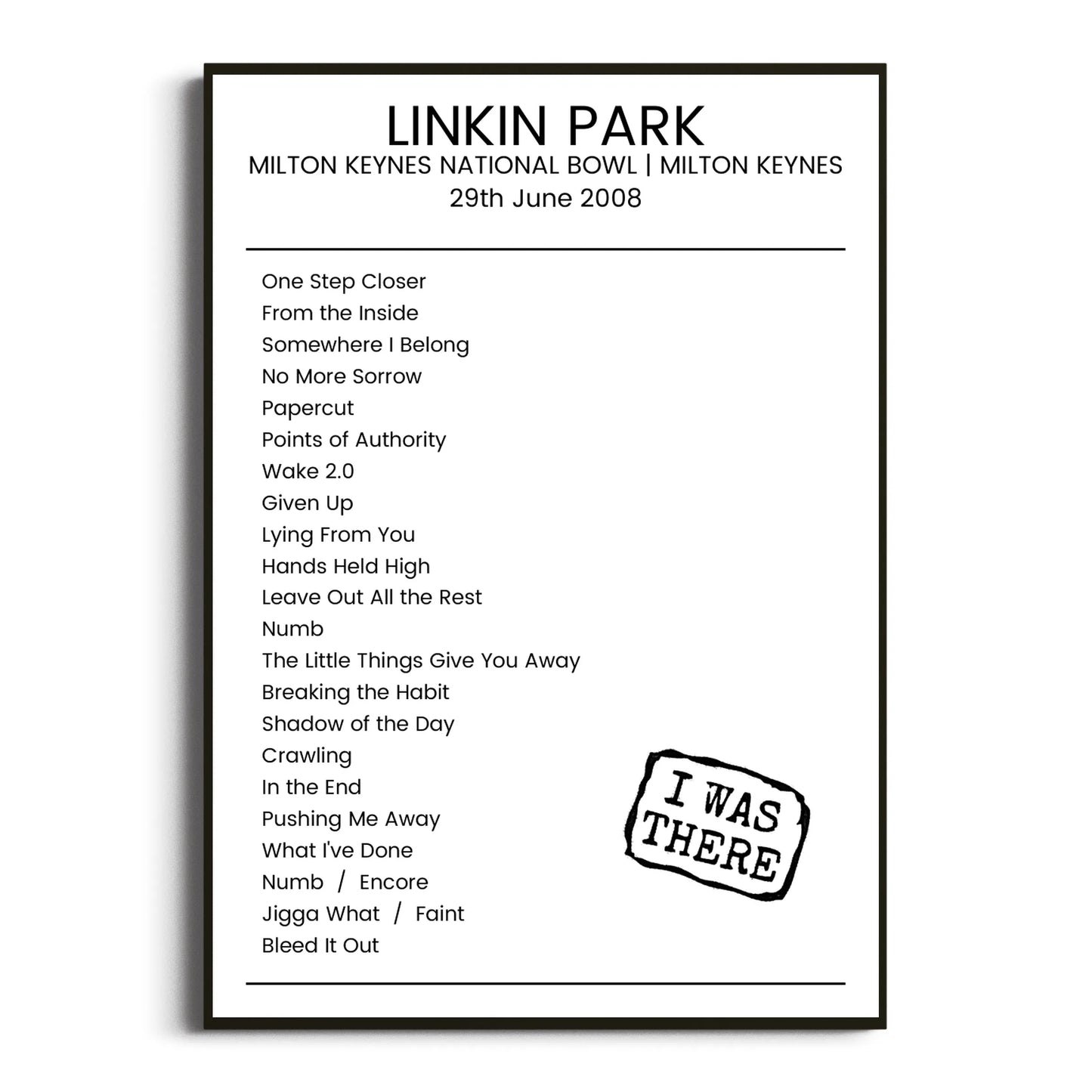 Linkin Park Milton Keynes 29 June 2008 Setlist Poster