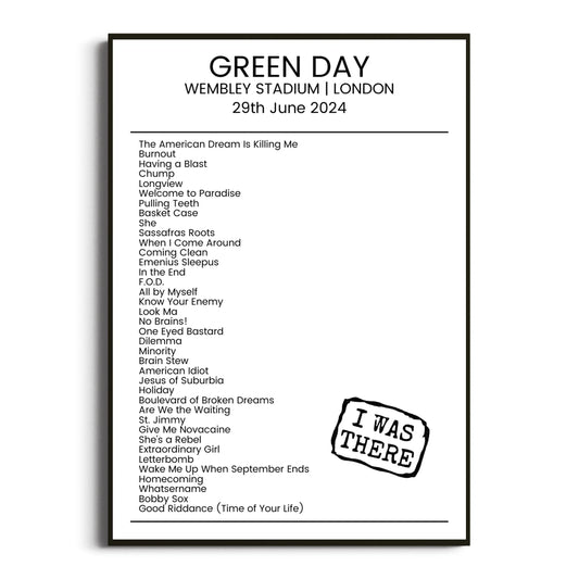 Green Day London 29 June 2024 Setlist Poster