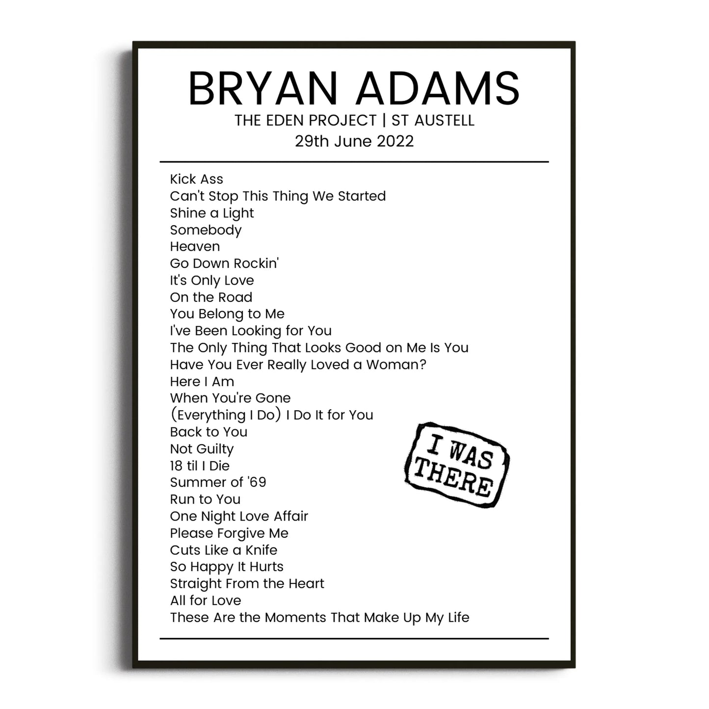 Bryan Adams St Austell 29 June 2022 Setlist Poster