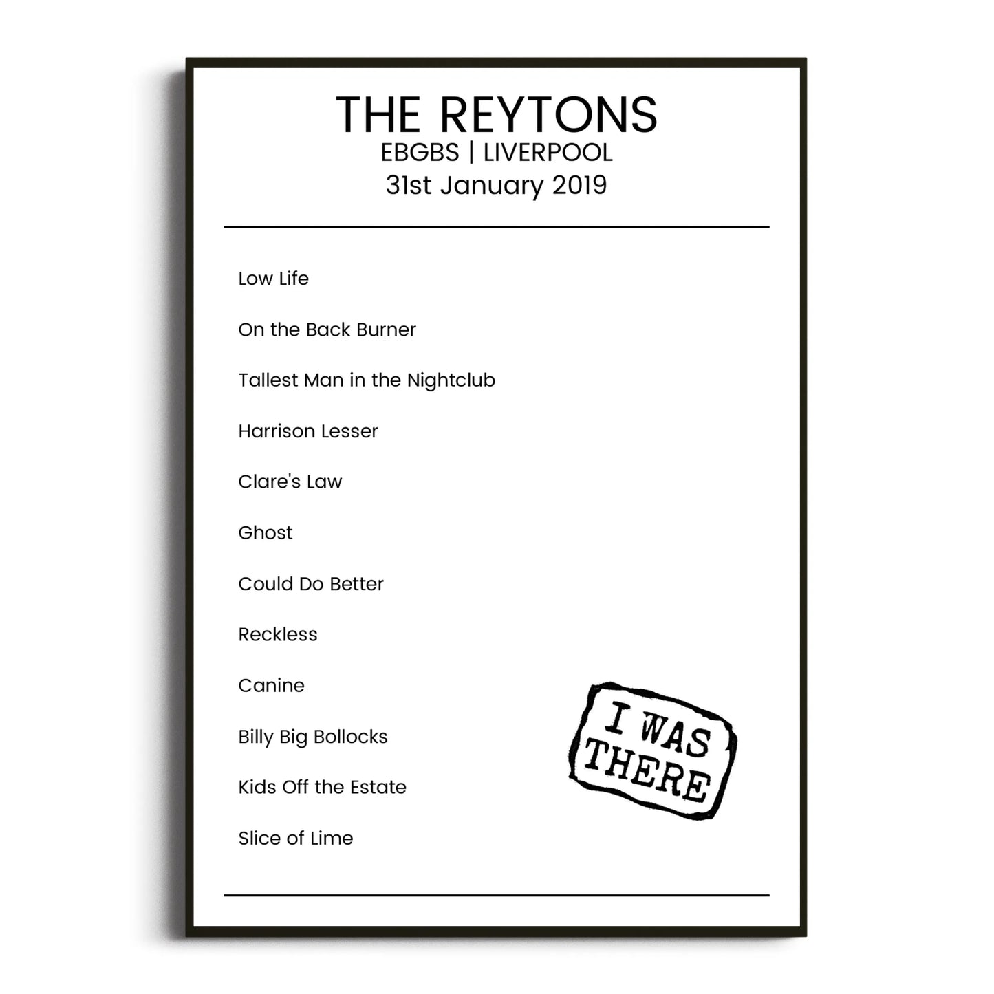 The Reytons Liverpool 31 January 2019 Setlist Poster