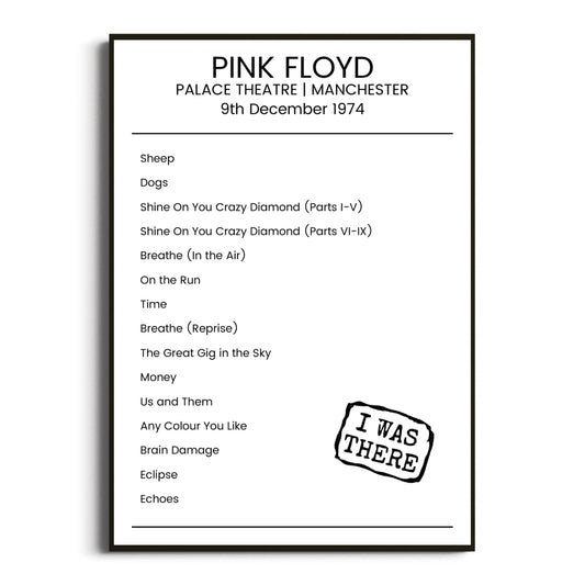 Pink Floyd Manchester 09 December 1974 Setlist Poster