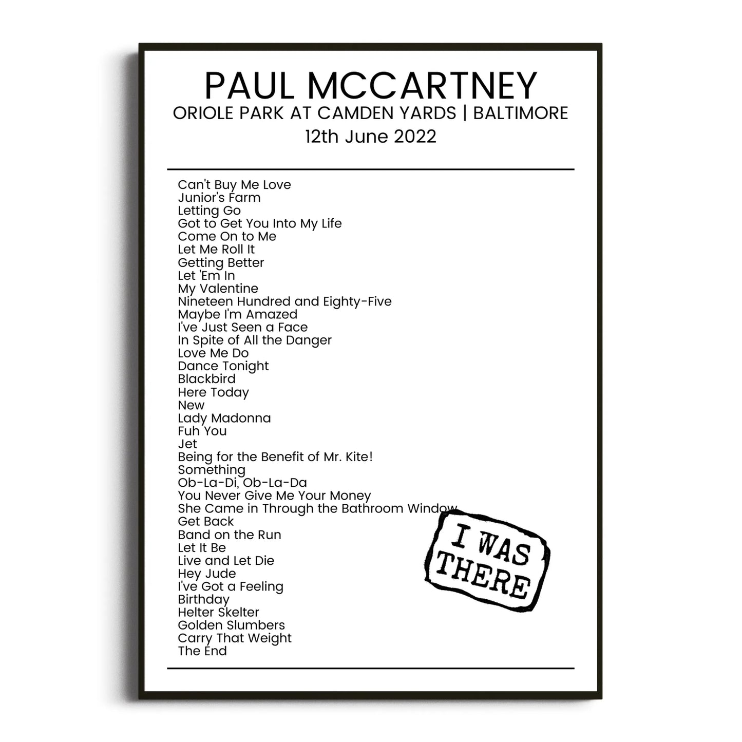 Paul McCartney Baltimore 12 June 2022 Setlist Poster