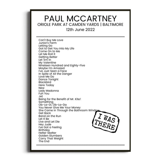 Paul McCartney Baltimore 12 June 2022 Setlist Poster