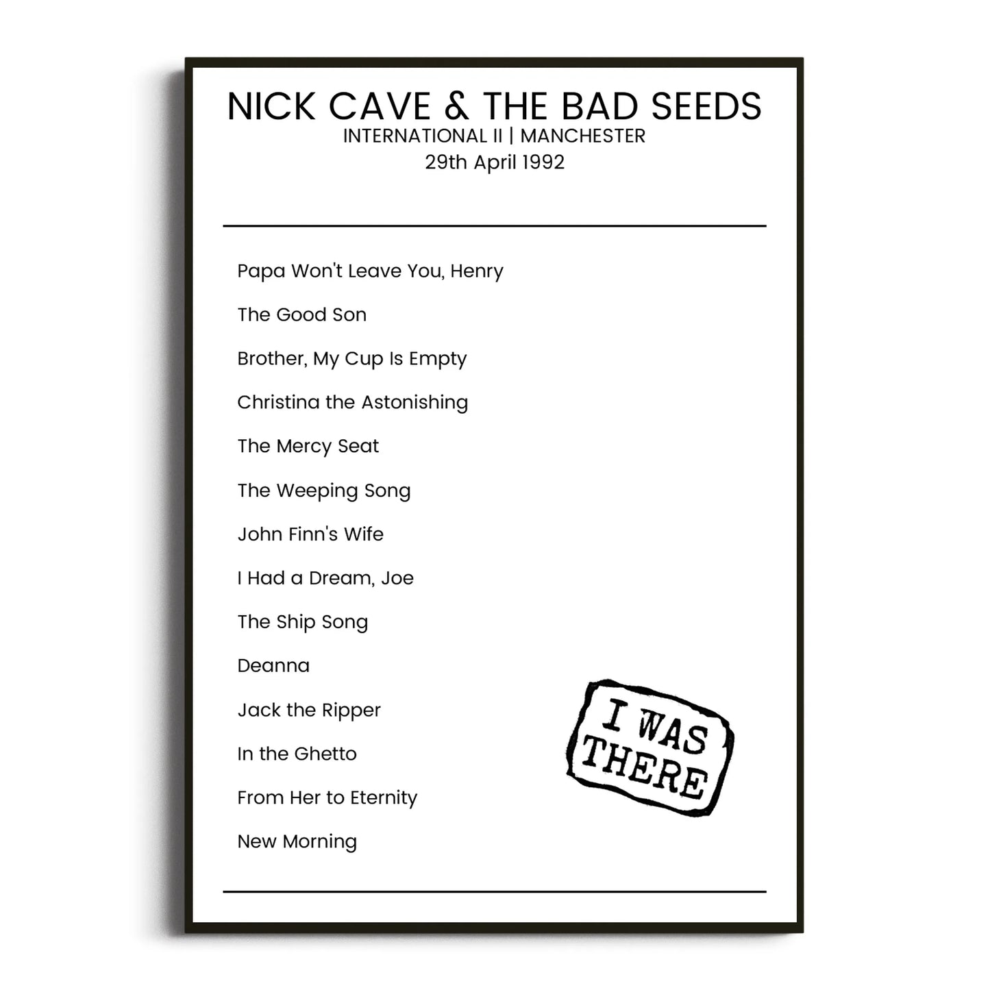 Nick Cave & the Bad Seeds Manchester 29 April 1992 Setlist Poster