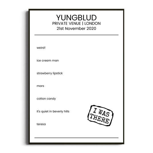 YUNGBLUD London 21 November 2020 Setlist Poster