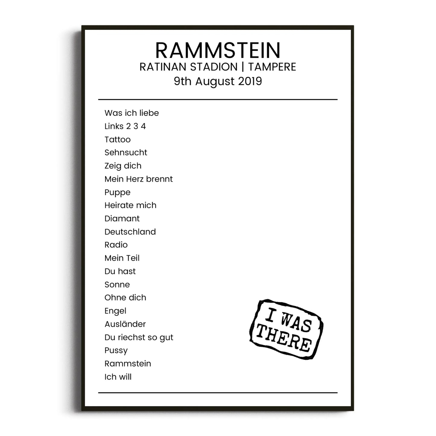 Rammstein Tampere 09 August 2019 Setlist Poster