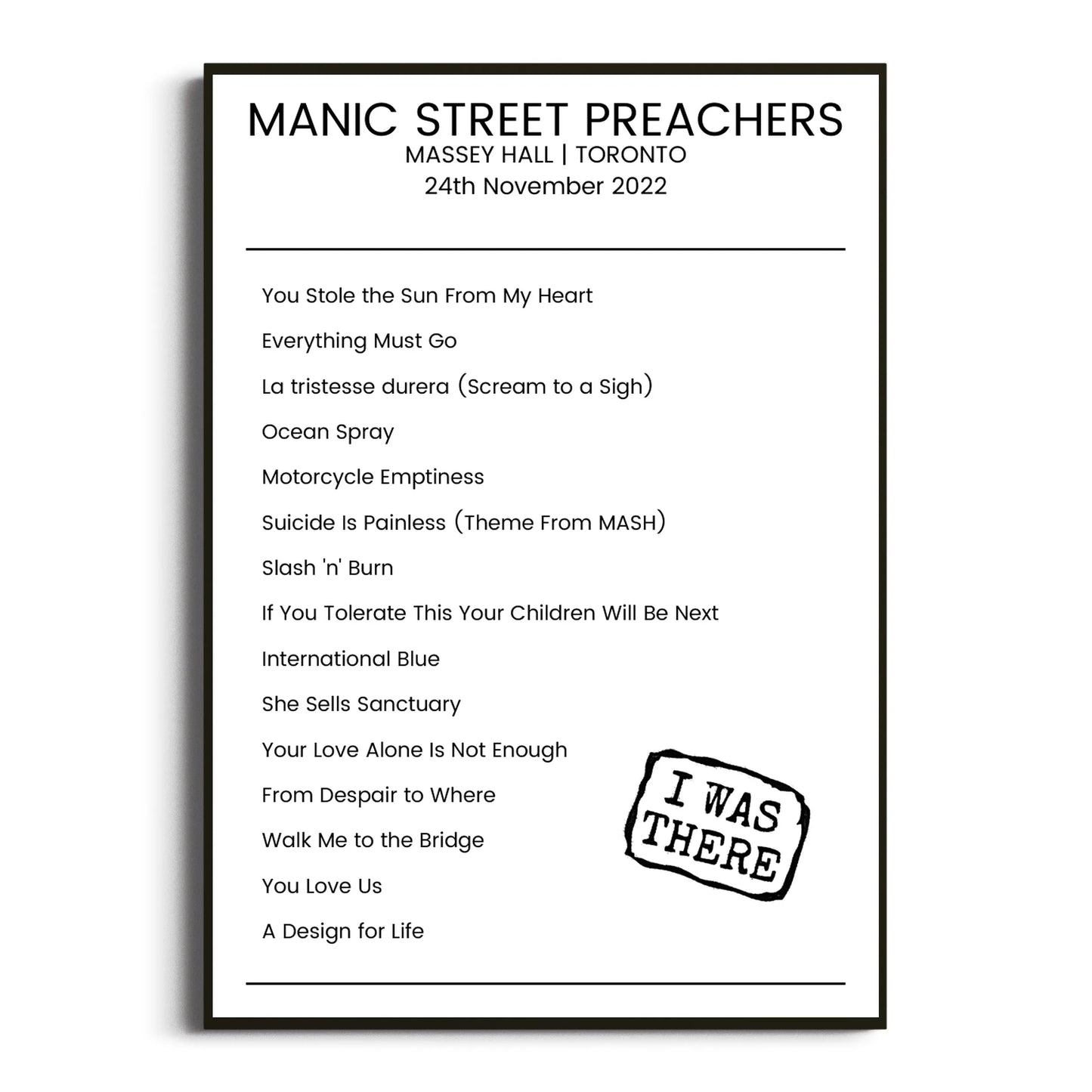 Manic Street Preachers Toronto 24 November 2022 Setlist Poster