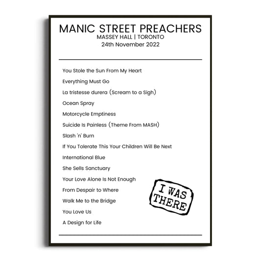 Manic Street Preachers Toronto 24 November 2022 Setlist Poster