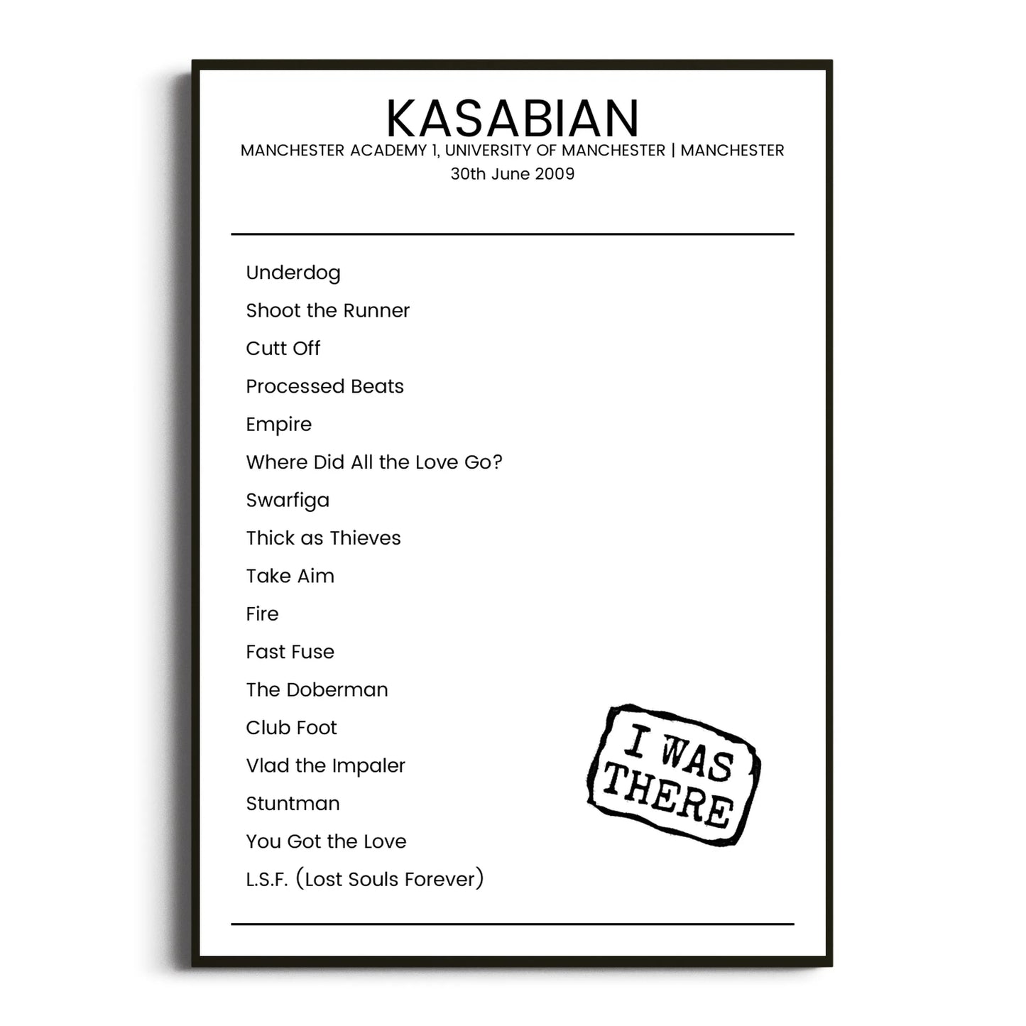 Kasabian Manchester 30 June 2009 Setlist Poster