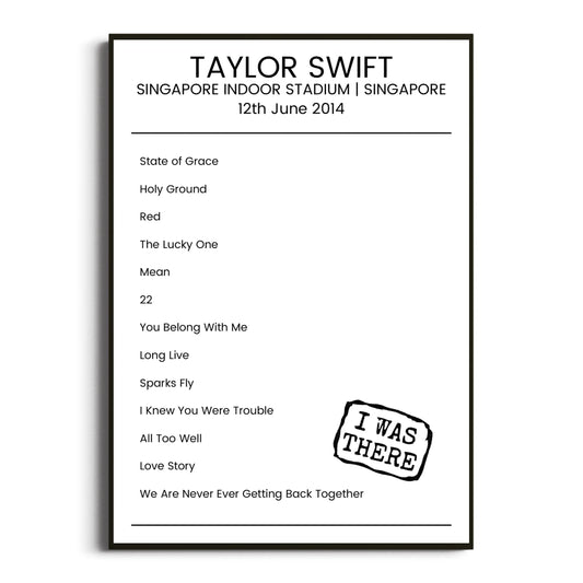 Taylor Swift Singapore 12 June 2014 Setlist Poster