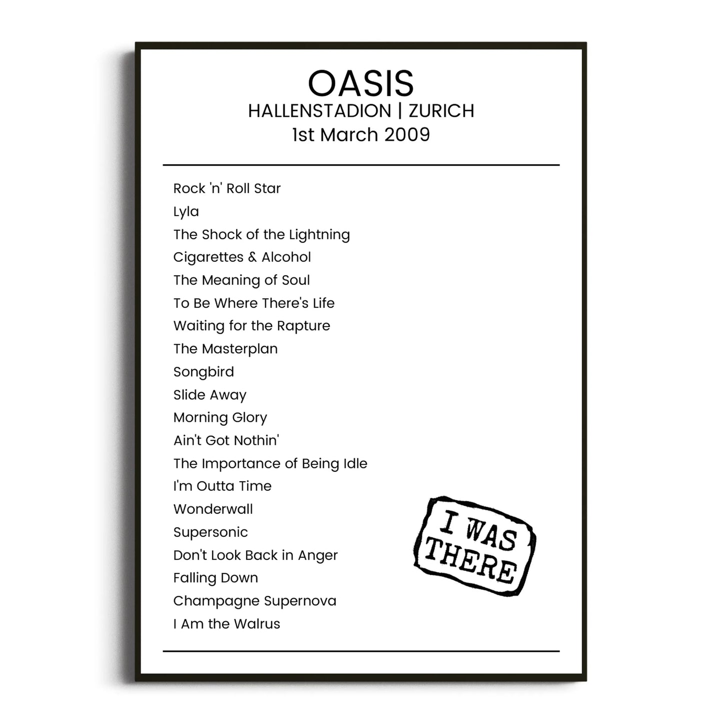 Oasis Zurich 01 March 2009 Setlist Poster