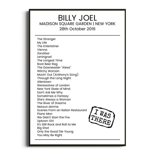 Billy Joel New York 28 October 2016 Setlist Poster