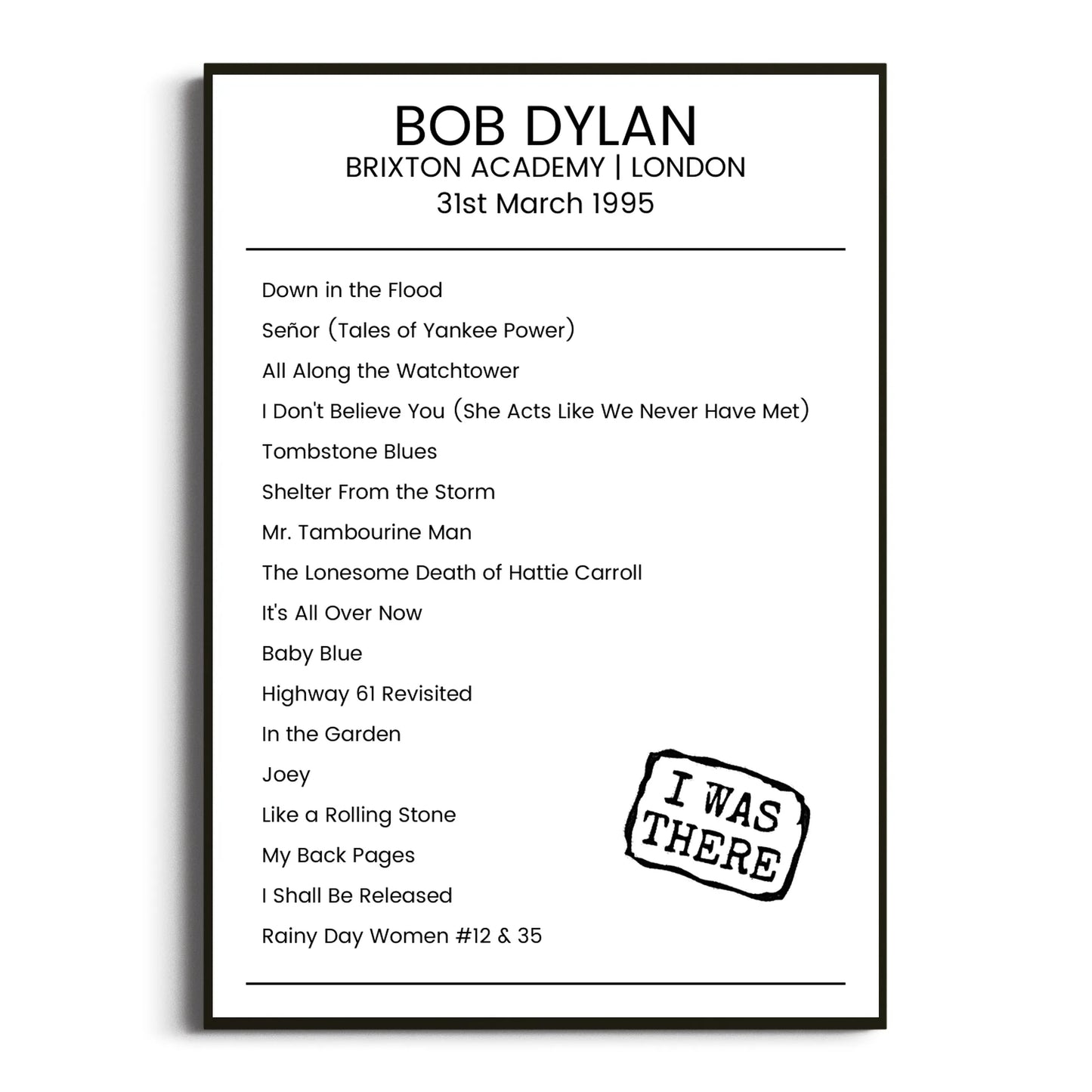 Bob Dylan London 31 March 1995 Setlist Poster