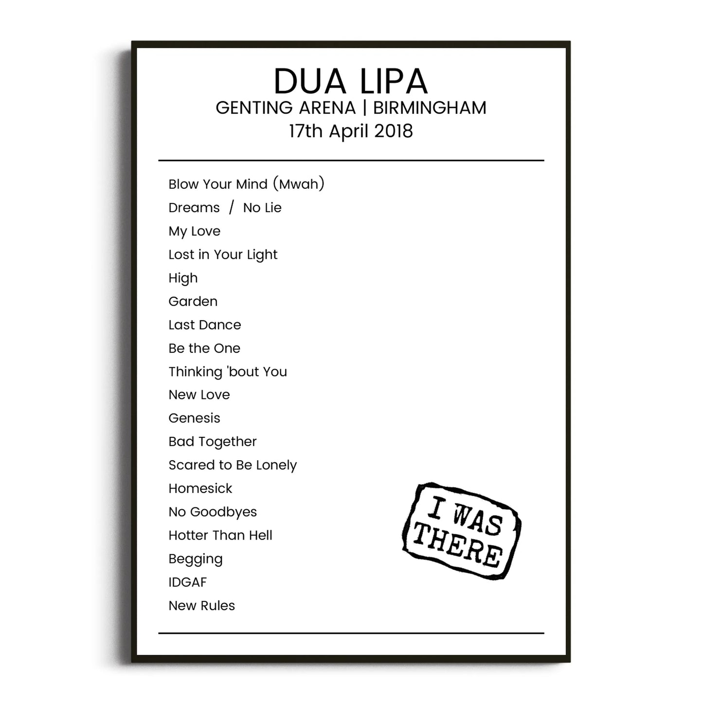 Dua Lipa Birmingham 17 April 2018 Setlist Poster