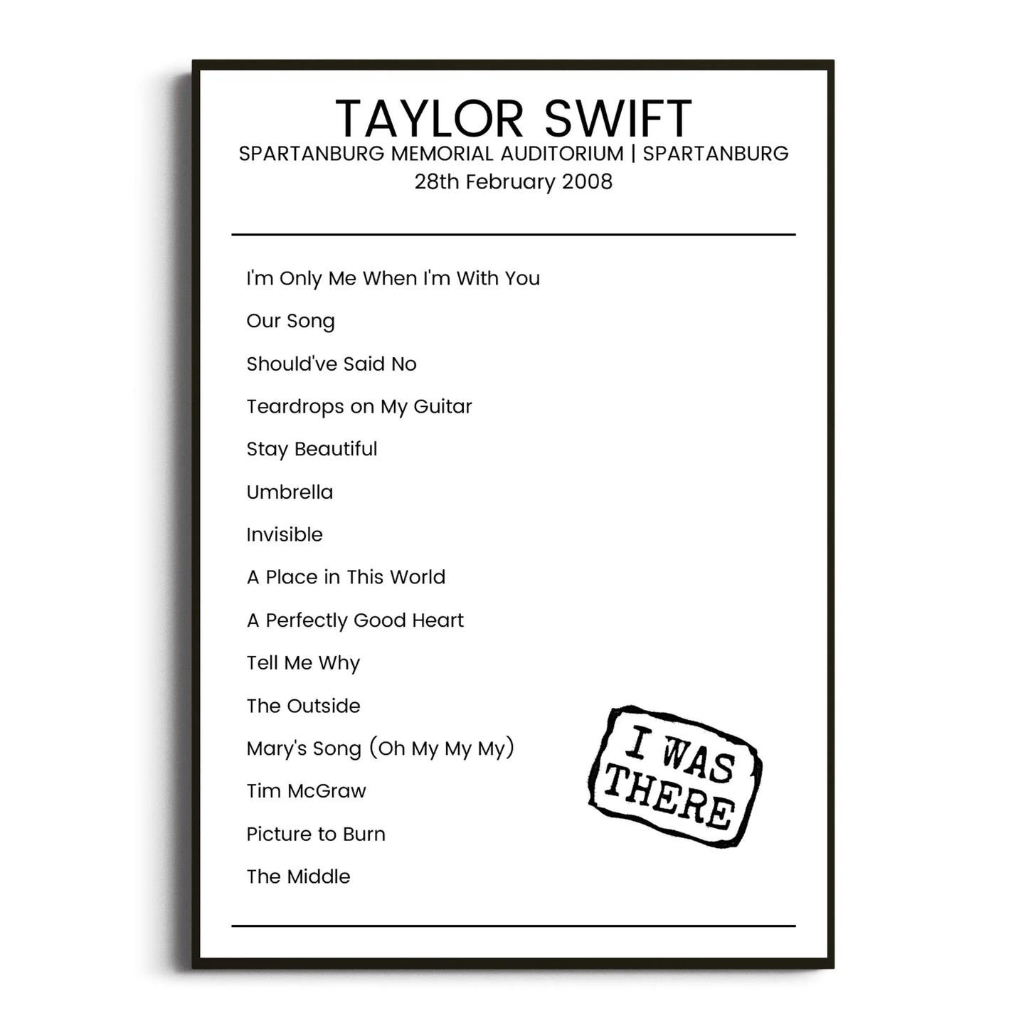 Taylor Swift Spartanburg 28 February 2008 Setlist Poster