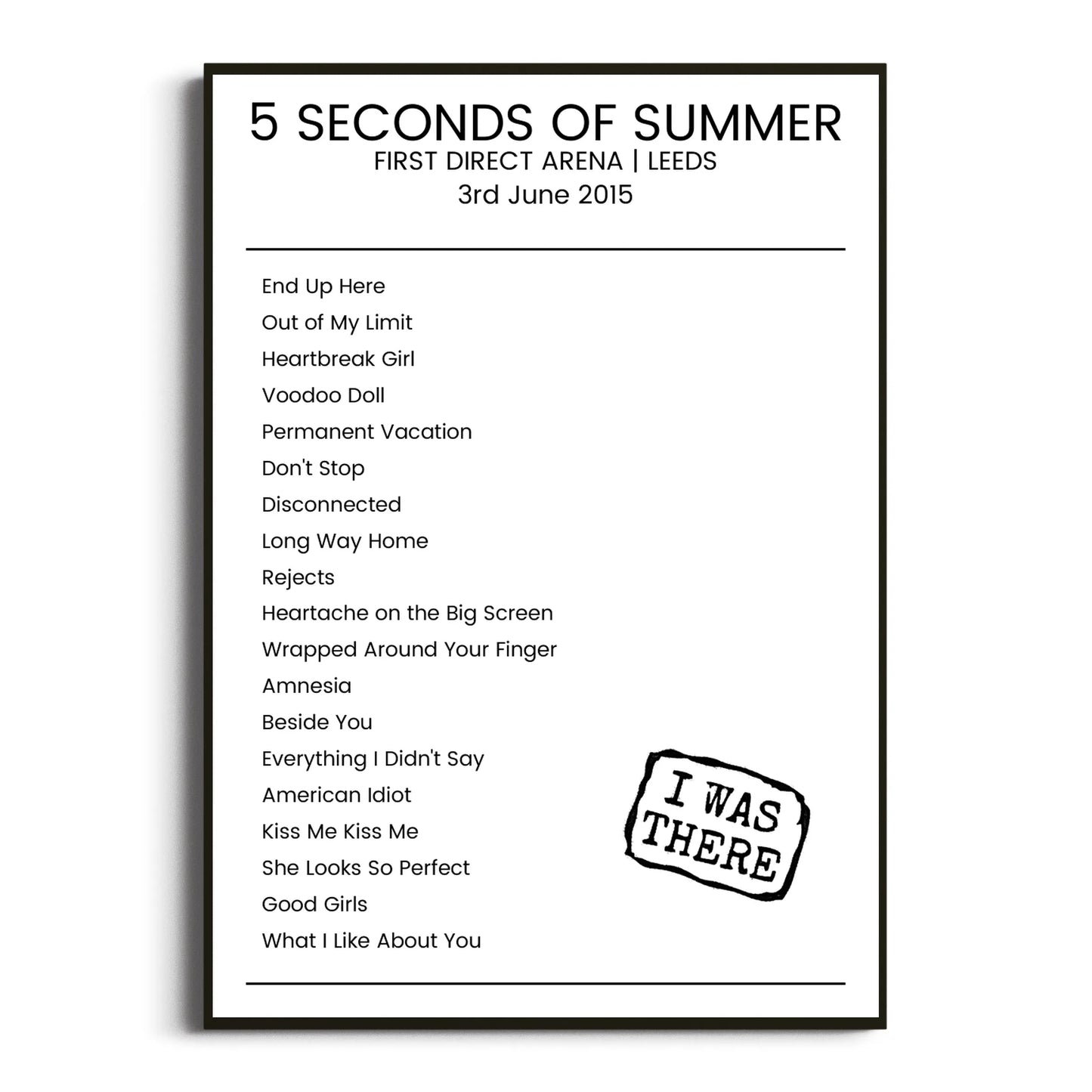 5 Seconds of Summer Leeds 03 June 2015 Setlist Poster