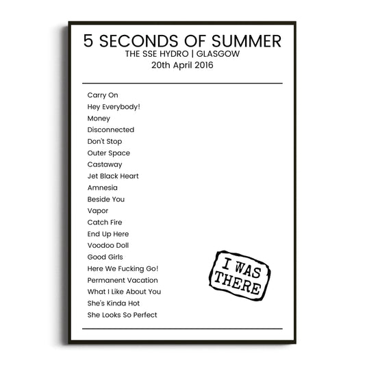 5 Seconds of Summer Glasgow 20 April 2016 Setlist Poster