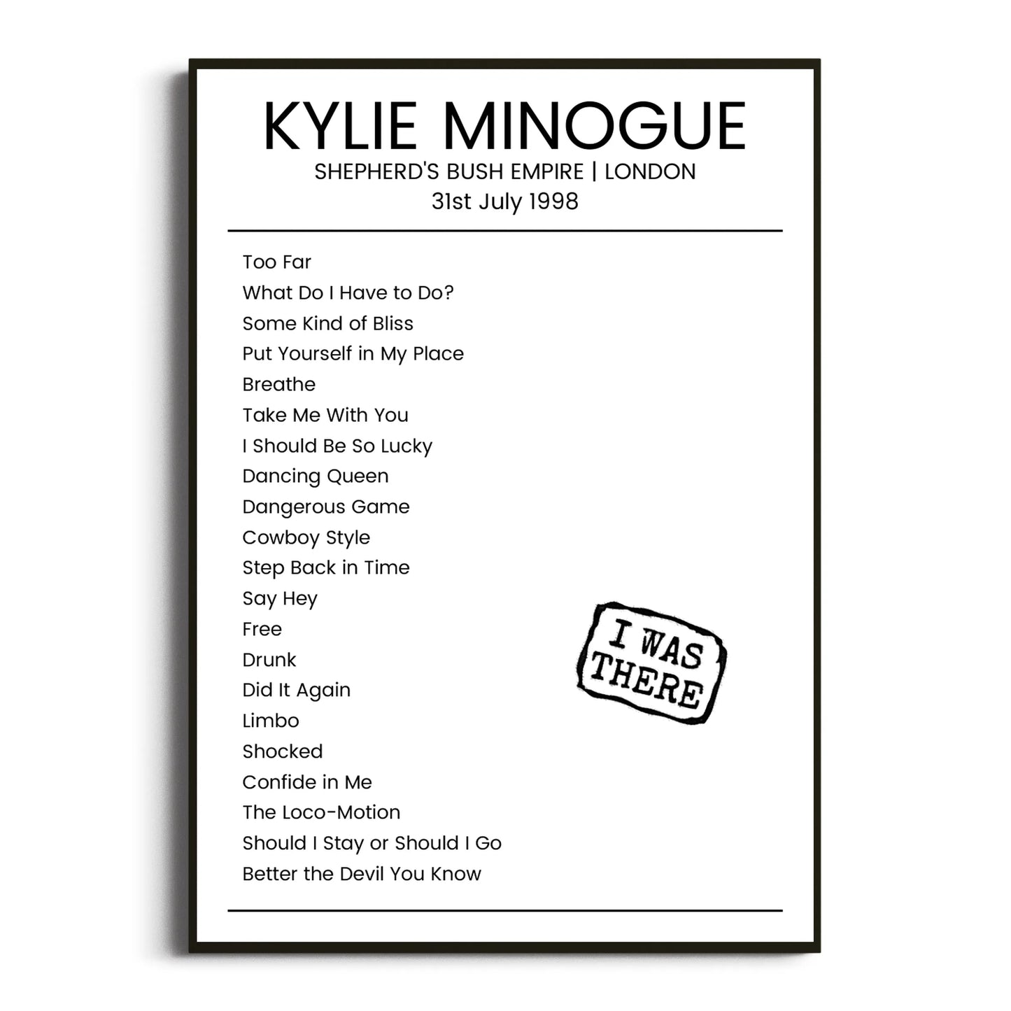 Kylie Minogue London 31 July 1998 Setlist Poster