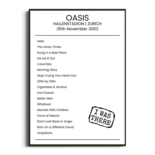 Oasis Zurich 25 November 2002 Setlist Poster