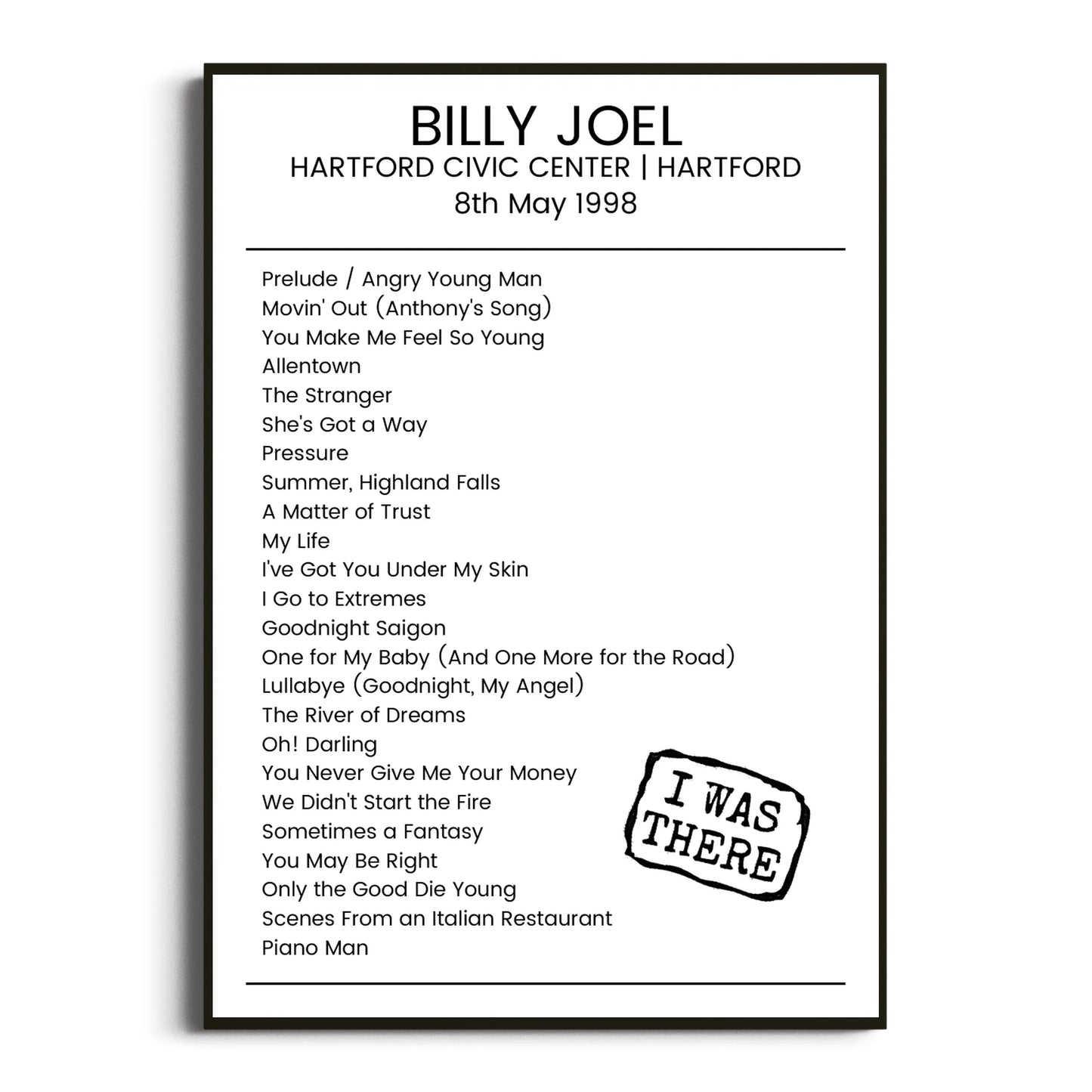 Billy Joel Hartford 08 May 1998 Setlist Poster