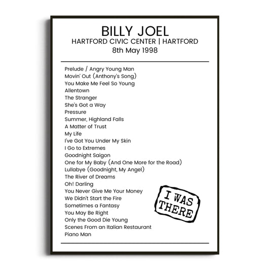 Billy Joel Hartford 08 May 1998 Setlist Poster