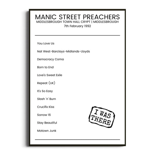 Manic Street Preachers Middlesbrough 07 February 1992 Setlist Poster