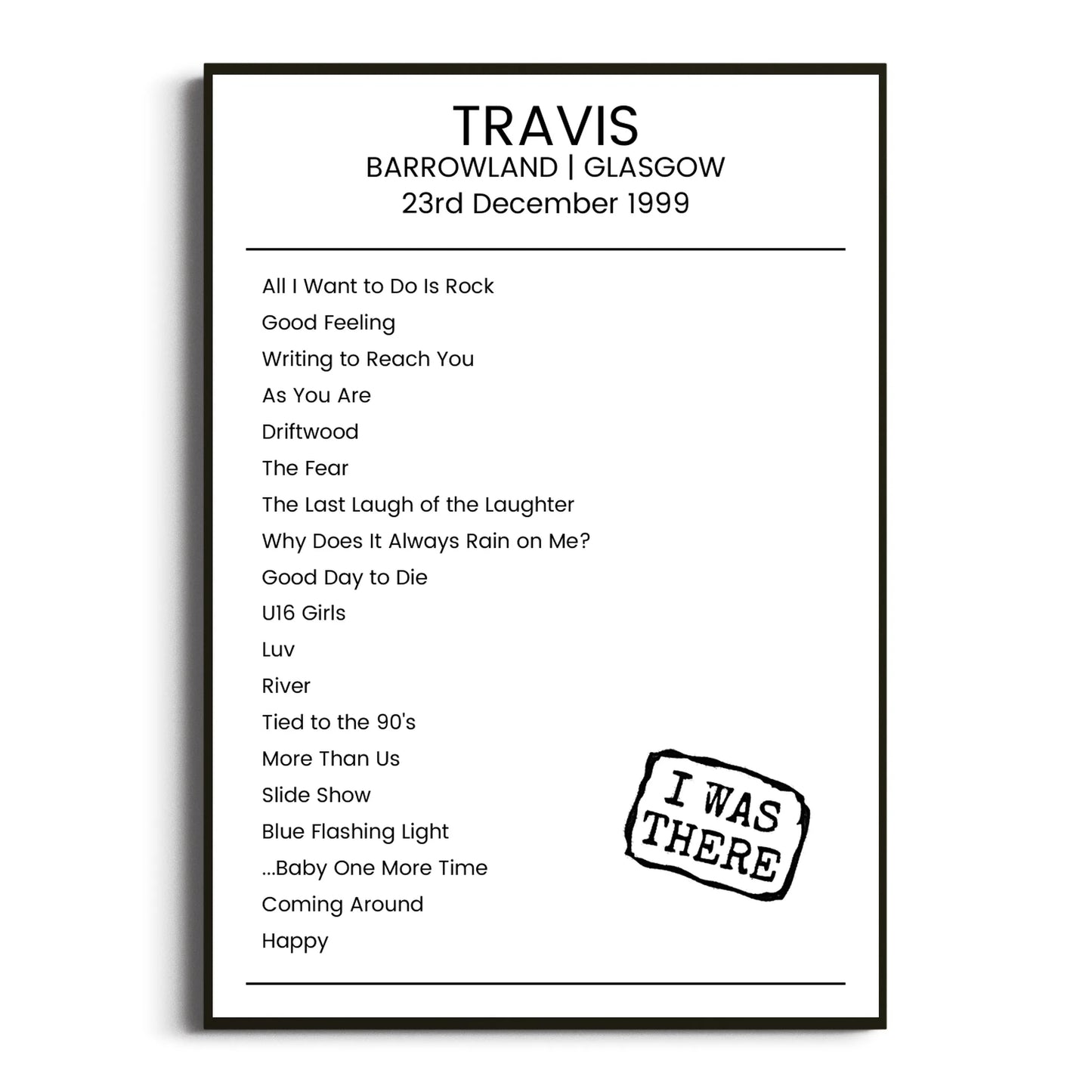 Travis Glasgow 23 December 1999 Setlist Poster