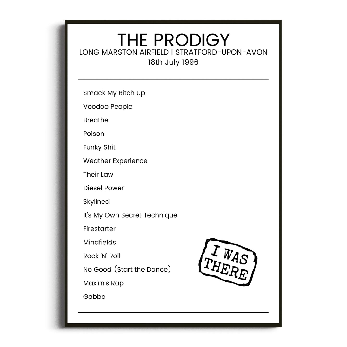 The Prodigy Stratford-upon-Avon 18 July 1996 Setlist Poster