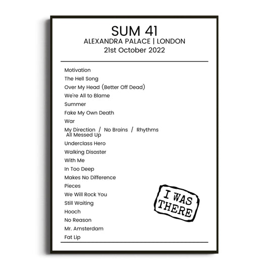 Sum 41 London 21 October 2022 Setlist Poster