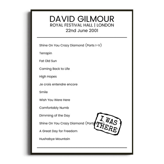 David Gilmour London 22 June 2001 Setlist Poster