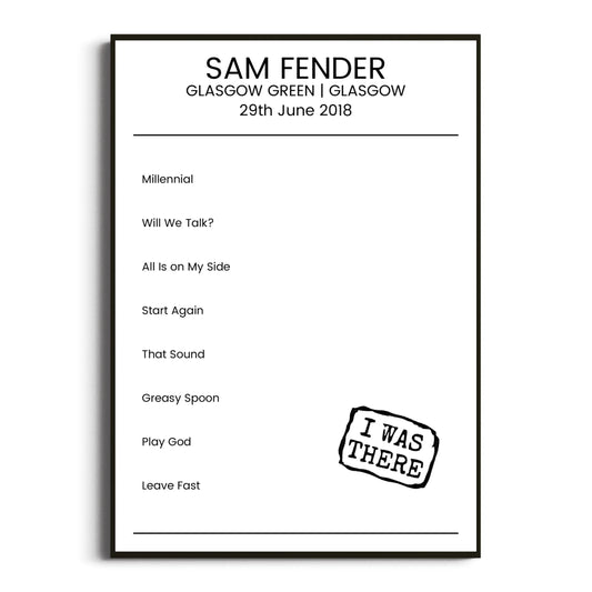 Sam Fender Glasgow 29 June 2018 Setlist Poster