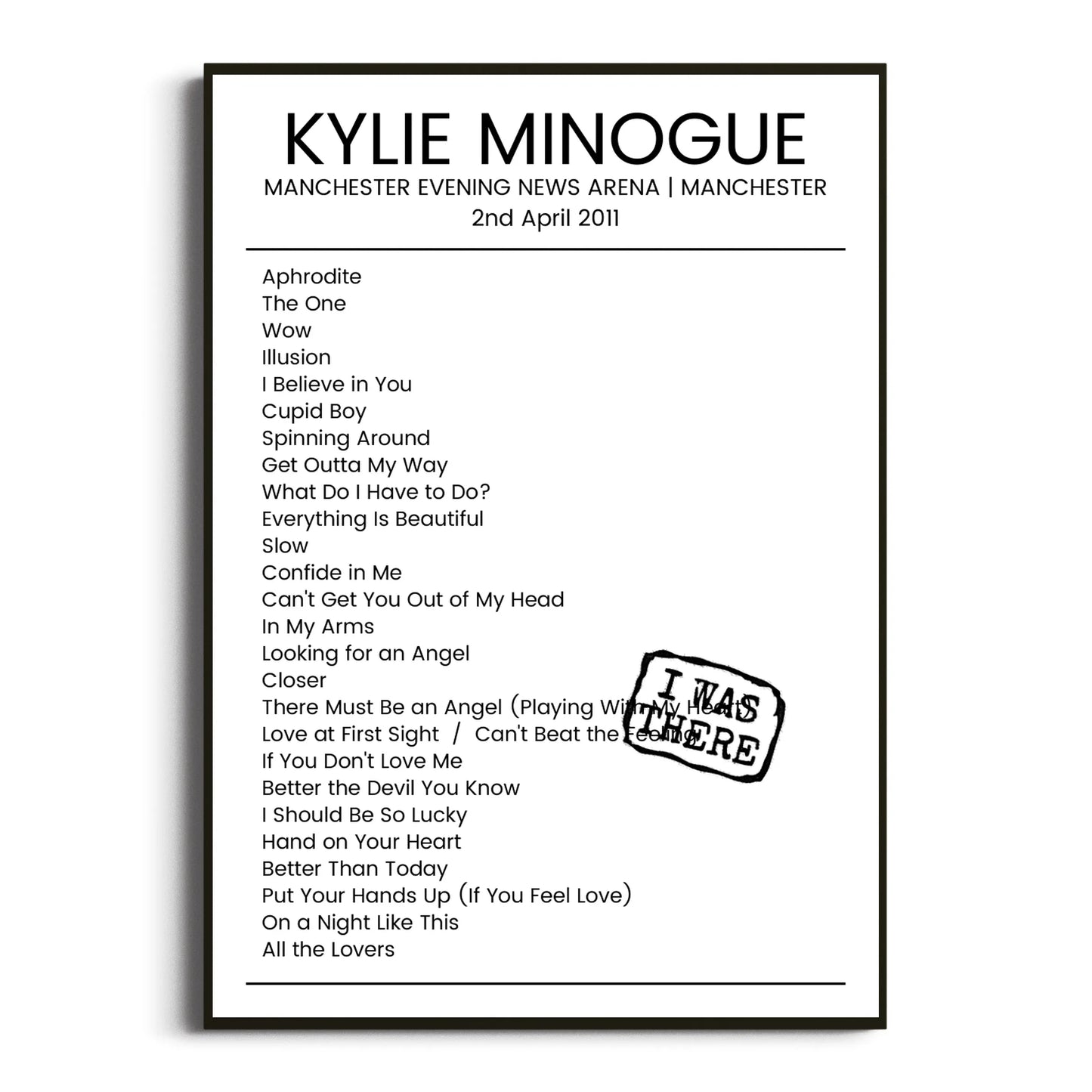 Kylie Minogue Manchester 02 April 2011 Setlist Poster