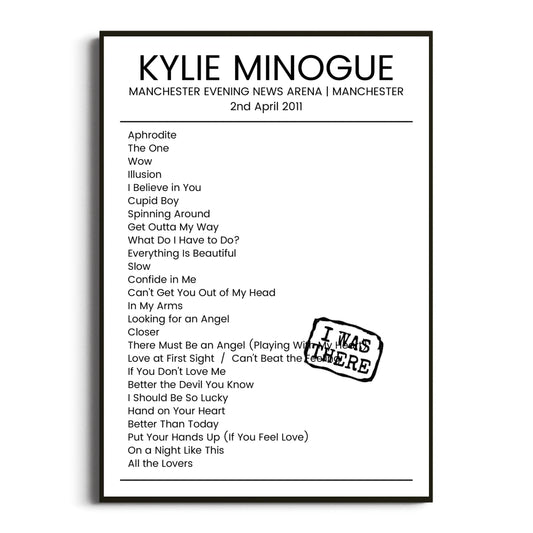 Kylie Minogue Manchester 02 April 2011 Setlist Poster