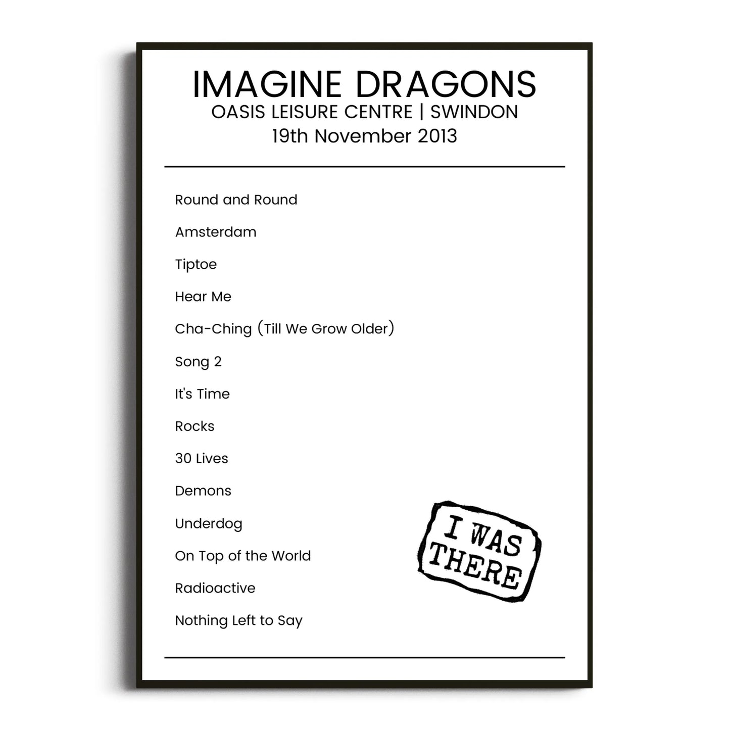 Imagine Dragons Swindon 19 November 2013 Setlist Poster