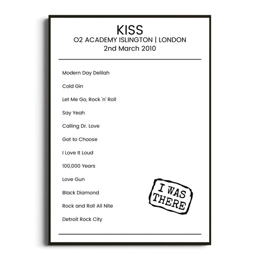 KISS London 02 March 2010 Setlist Poster