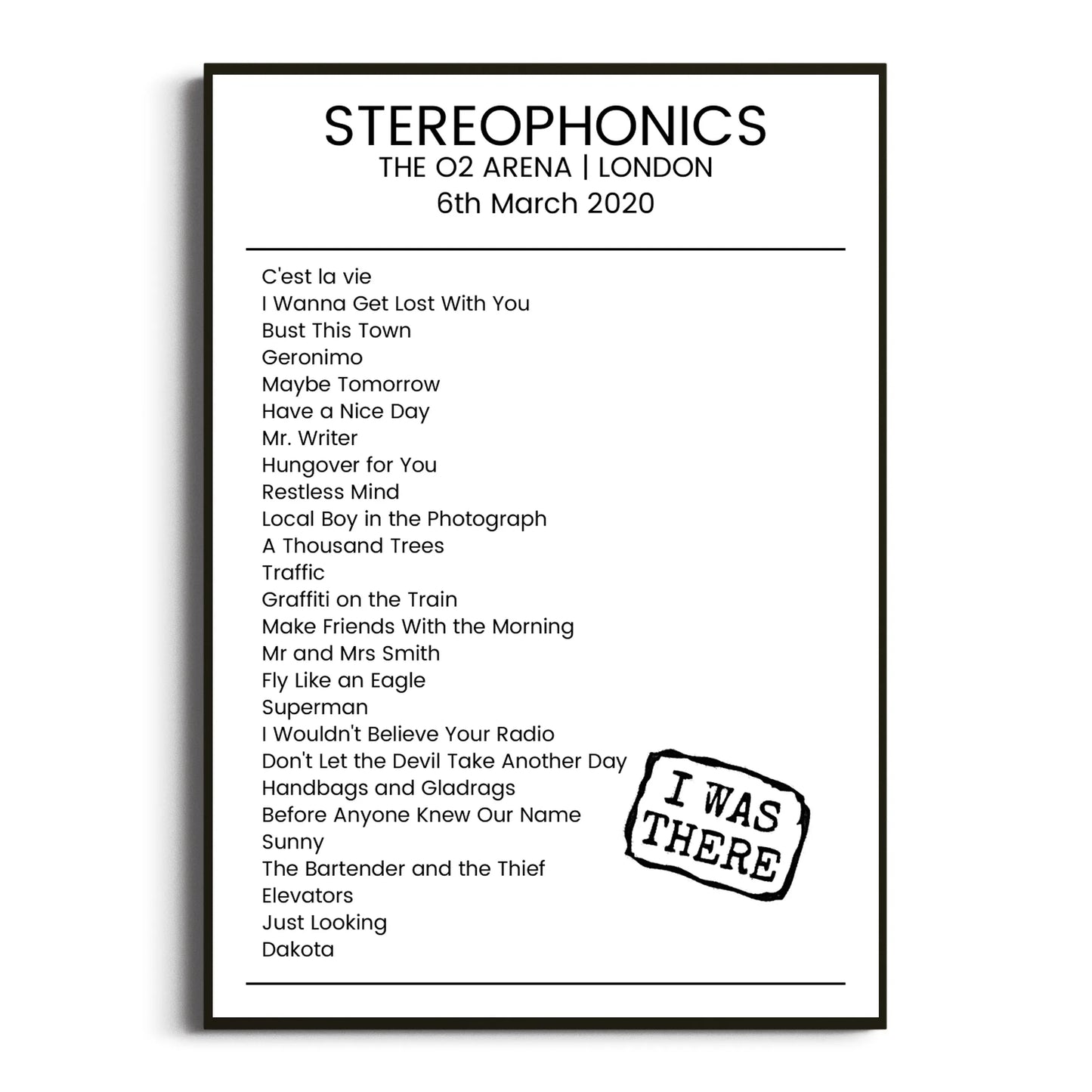 Stereophonics London 06 March 2020 Setlist Poster