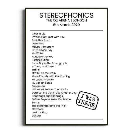 Stereophonics London 06 March 2020 Setlist Poster