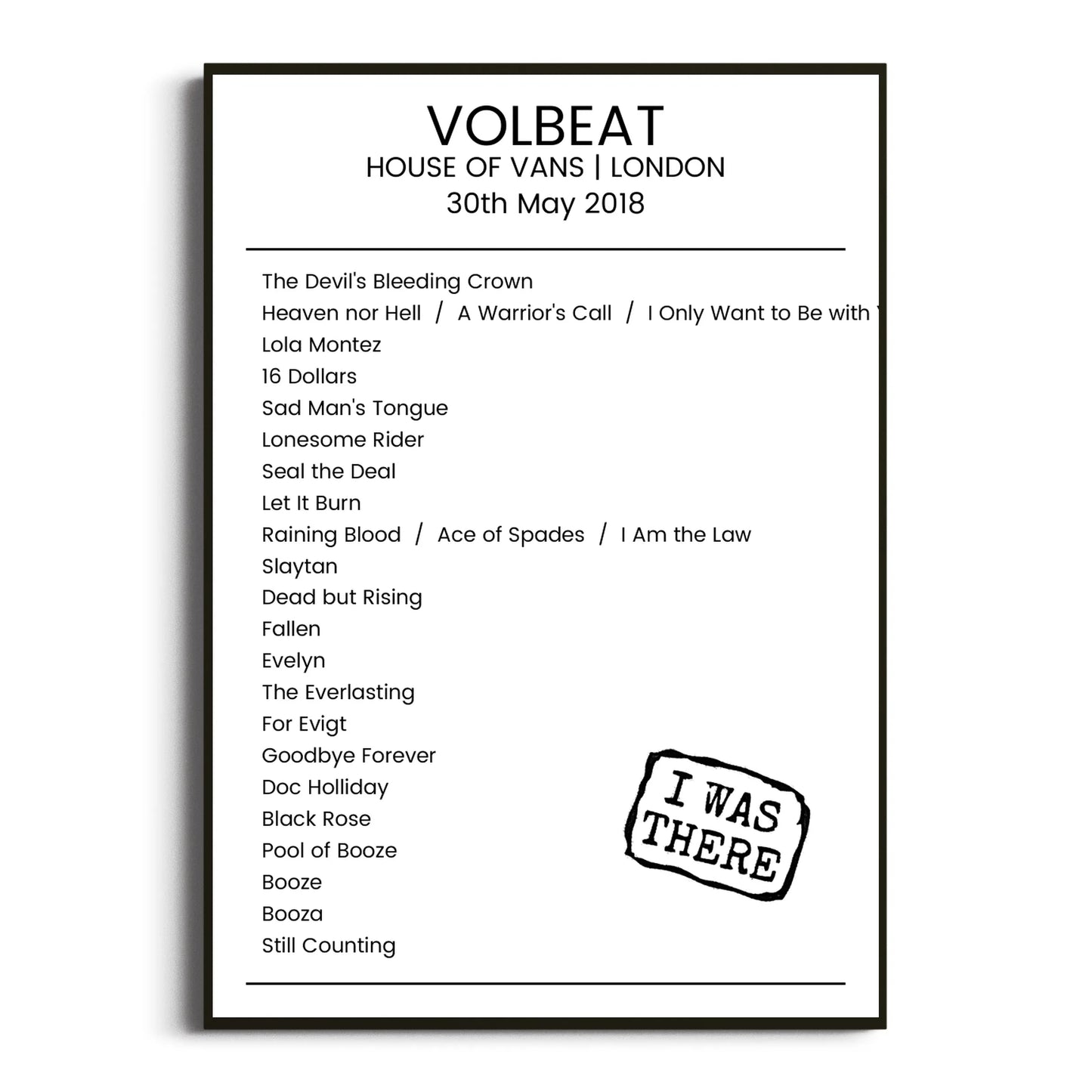 Volbeat London 30 May 2018 Setlist Poster