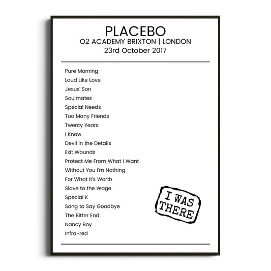 Placebo London 23 October 2017 Setlist Poster