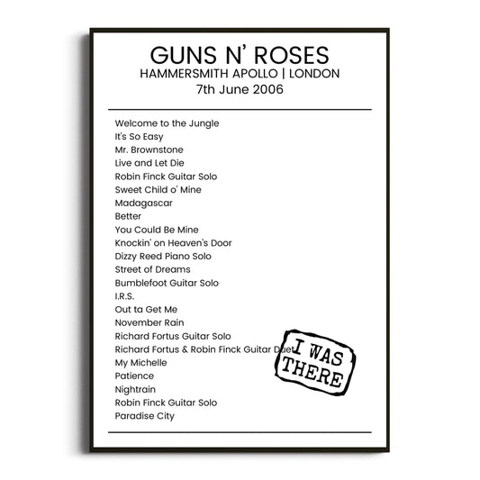 Guns N’ Roses London 07 June 2006 Setlist Poster