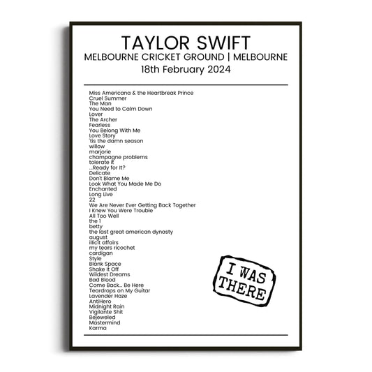 Taylor Swift Melbourne 18 February 2024 Setlist Poster