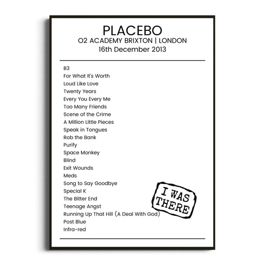 Placebo London 16 December 2013 Setlist Poster