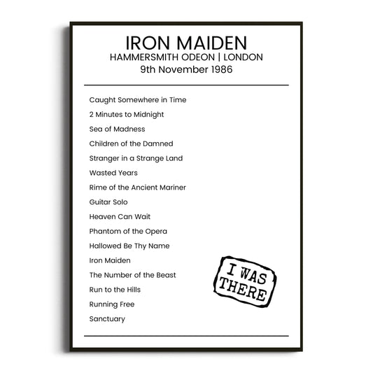 Iron Maiden London 09 November 1986 Setlist Poster