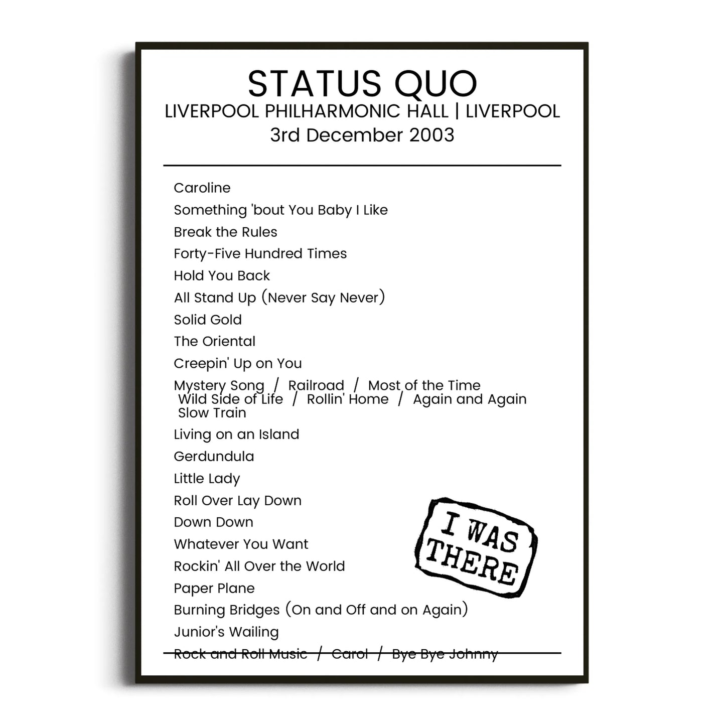 Status Quo Liverpool 03 December 2003 Setlist Poster