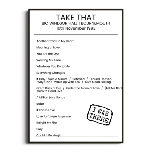 Take That Bournemouth 10 November 1993 Setlist Poster