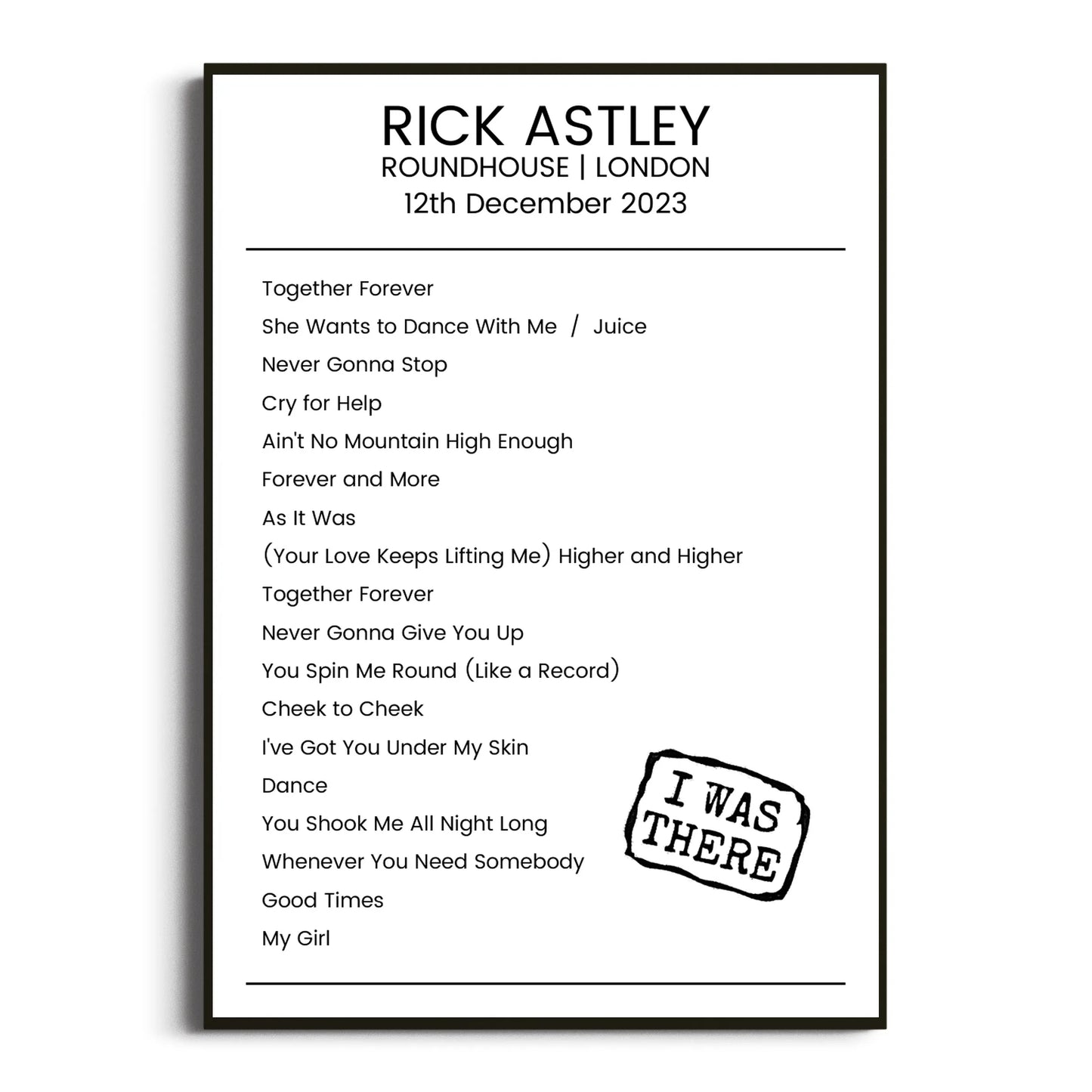 Rick Astley London 12 December 2023 Setlist Poster