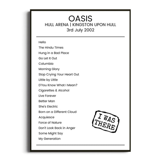 Oasis Kingston upon Hull 03 July 2002 Setlist Poster