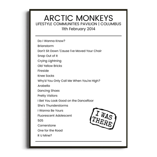 Arctic Monkeys Columbus 11 February 2014 Setlist Poster